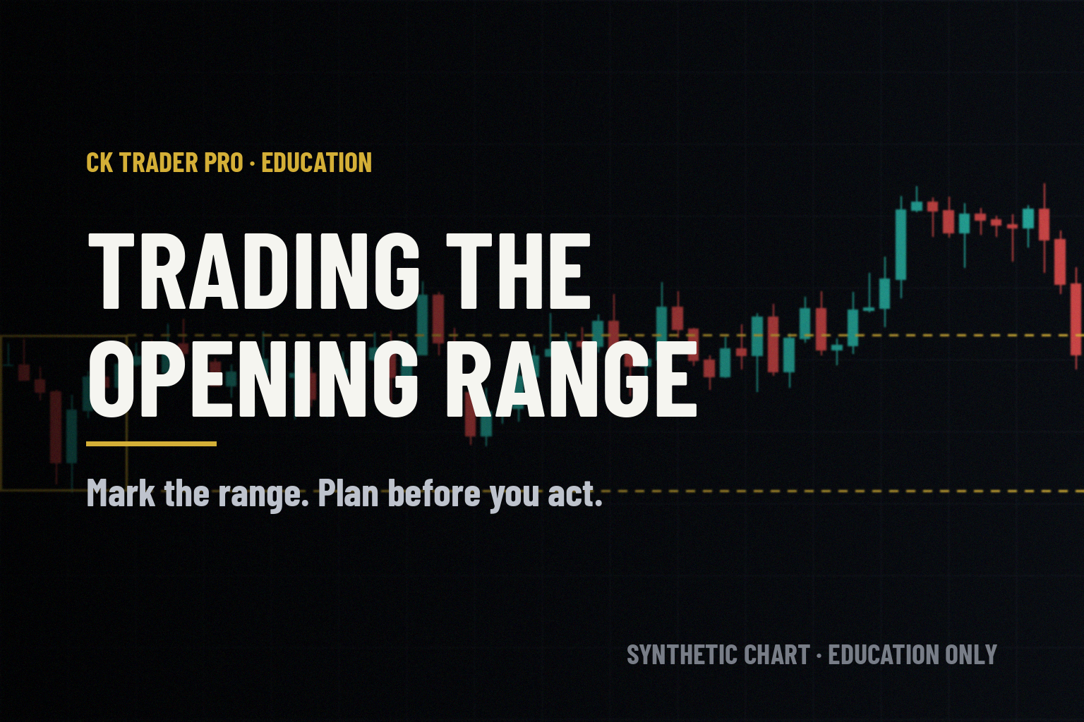 Dark trading screen. A synthetic candlestick chart with a gold box marking the opening range, with the headline "Trading the opening range" and the line "Mark the range. Plan before you act."