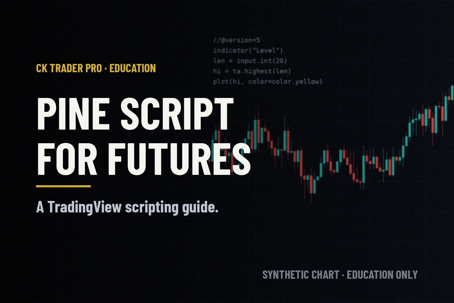 Dark trading screen. A synthetic candlestick chart beside a panel of generic script code, with the headline "Pine Script for futures" and the line "A TradingView scripting guide."