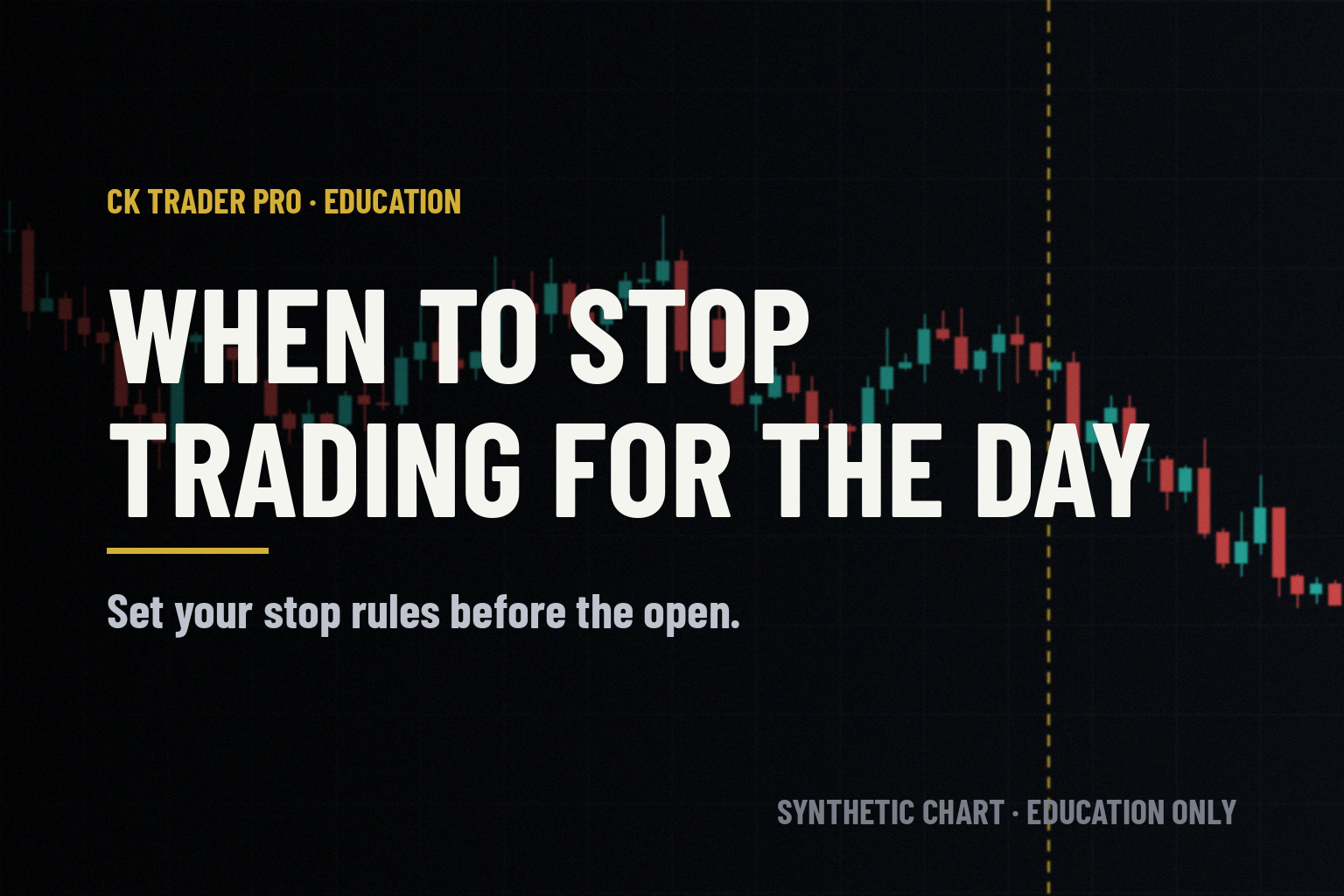 Dark trading screen. A synthetic candlestick chart with a gold vertical line marking a stop time, with the headline "When to stop trading for the day" and the line "Set your stop rules before the open."