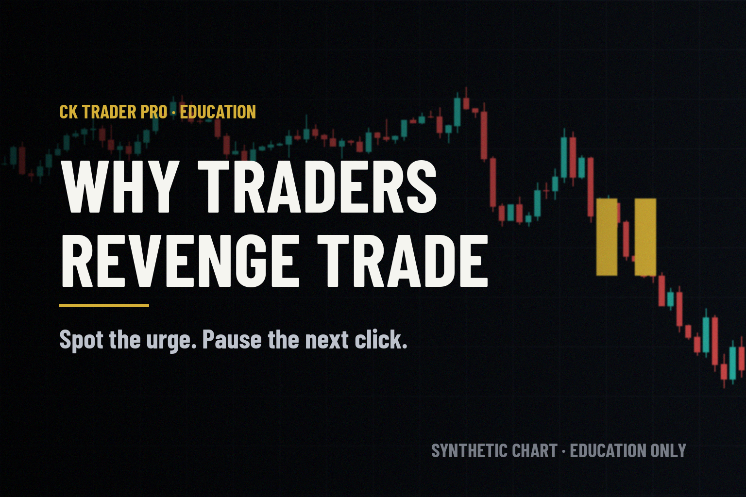 Dark trading screen. A synthetic candlestick chart with a gold pause symbol, with the headline "Why traders revenge trade" and the line "Spot the urge. Pause the next click."