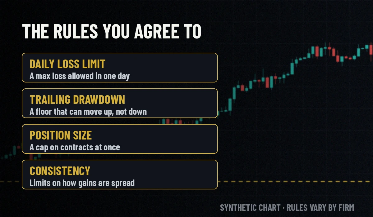 Four common prop firm evaluation rules over a synthetic chart: daily loss limit, trailing drawdown, position size and consistency.