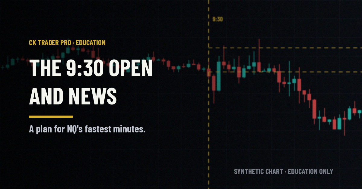 Dark trading screen. A synthetic candlestick chart with a gold vertical dashed line marked 9:30 and quieter candles before it, faster after, plus gold overnight high and low reference dashes, with the headline "The 9:30 open and news" and the line "A plan for NQ's fastest minutes."