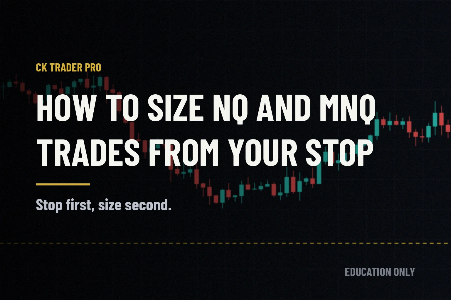 Dark trading screen with a synthetic candlestick chart and a gold dashed floor line, with the headline "How to size NQ and MNQ trades from your stop" and the line "Stop first, size second."