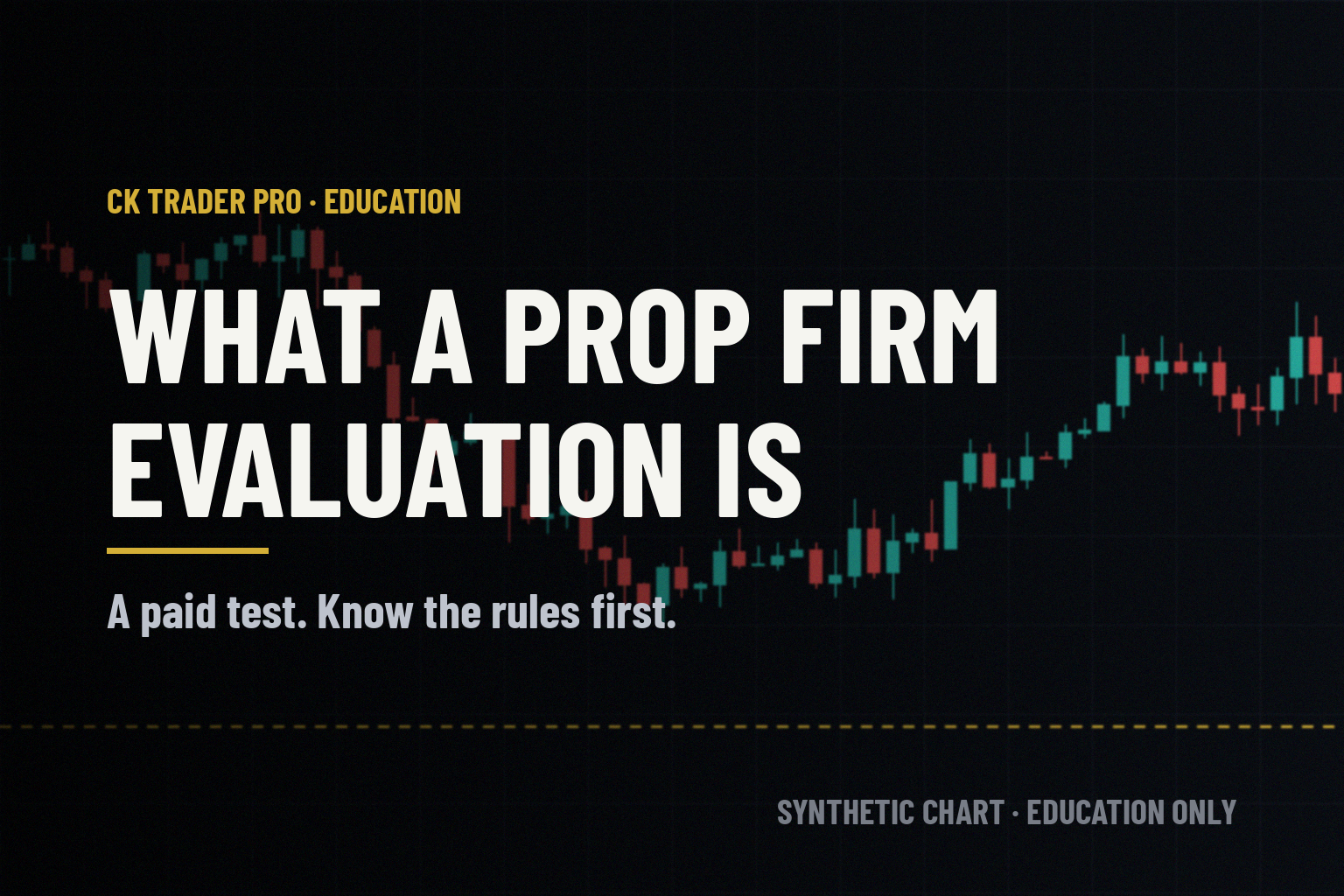 Dark trading screen with a synthetic candlestick chart and a gold dashed floor line, with the headline "What a prop firm evaluation is" and the line "A paid test. Know the rules first."